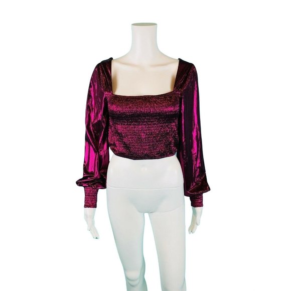 Peach Puff Crop Top Women's Medium Magenta Smocked Long Sleeve Shirt Disco - Picture 1 of 8